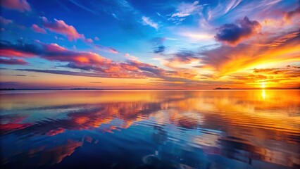 Poster - Backlit horizon with vibrant colors reflected in calm water, backlit, horizon, vibrant, colors, reflected, calm, water, scenery