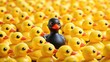 © Sujid - Black duck standing out in a crowd of yellow ducks, representing unique leadership and individuality, black, duck, yellow
