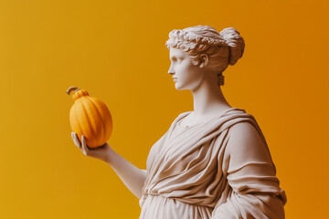 A statue of a Greek goddess holds a pumpkin against an orange background. A girl with a pumpkin in her hands. Halloween. Fall sale. 