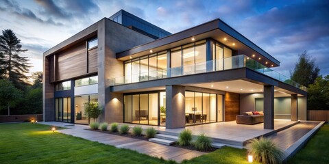 Poster - Modern house with large windows and illuminated exterior in a landscaped setting, modern, house, large windows