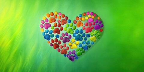 Colorful paw print heart sign against green background , animal shelter, invite, adoption, love, caring, caring, paw print, colorful