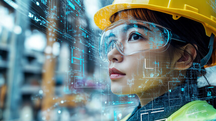 A close-up of a woman wearing a yellow hard hat and protective eyewear. She appears to be on a construction site, with cranes and other construction equipment visible in the background