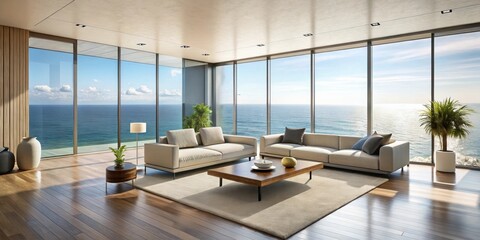 Sticker - Modern living room with panoramic sea view , modern, living room, panoramic, sea view, interior, design, contemporary, luxury