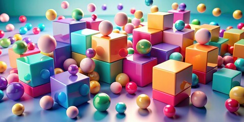 Poster - Colorful render of vibrant cubes and spheres , abstract, colorful, cubes, spheres,render,geometric, shapes, bright, vibrant