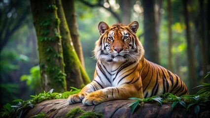 Wall Mural - majestic tiger resting in the forest with striking stripes, tiger, animal, wildlife, jungle, nature,