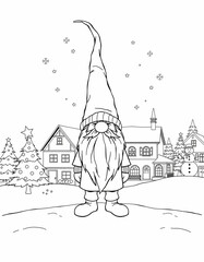 Wall Mural - winter in the city with christmas gnome . coloring book page