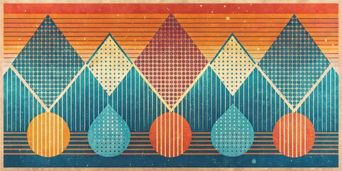 Canvas Print - Retro risograph printed abstract geometric poster with old-style lines and drops, retro, risograph, printed, abstract, geometric