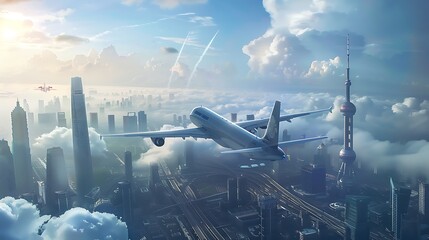 Wall Mural - Airplane flies over Shanghai China with a stunning view of the city skyline and its iconic skyscrapers.