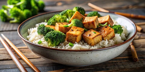 Sticker - Delicious vegan fried tofu bowl with broccoli and rice , vegan, food, plant-based, healthy, bowl, Asian, vegetarian, meal