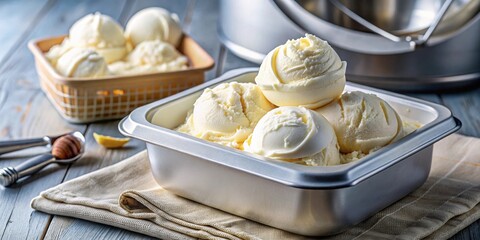 Canvas Print - Close-up of homemade vanilla ice cream in ice cream maker, vanilla, homemade, ice cream, dessert, sweet, creamy, churned, frozen