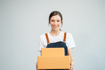 Woman holding parcels box, isolated on white background.