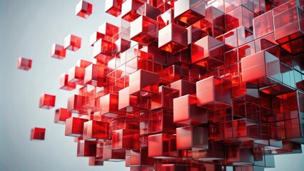Abstract red cubic shapes with digital glitch effect on a light background , , abstract, cubes, geometry, red