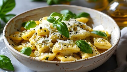 Savory bowl of gnocchi topped with fresh basil, grated parmesan, and a sprinkle of pepper, showcasing delicious homemade flavors and perfect cooking technique