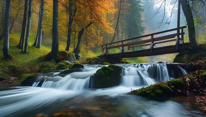 Wall Mural - Serene Autumn Stream Flowing Beneath a Rustic Wooden Bridge Surrounded by Vibrant Forest Foliage