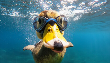 A funny smiled little duck dives with a splash of water underwater in swimming goggles. funny duck vacation.