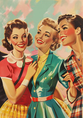 Retro poster style 1950, people, timeless charm of retro fashion - vintage friends gathering poster with nostalgic vibes. High quality illustration