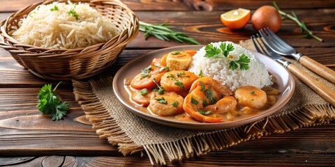 Wall Mural - Shrimp strogonoff with rice and straw potato on wooden table, shrimp, strogonoff, rice, straw potato, wooden table, food, delicious