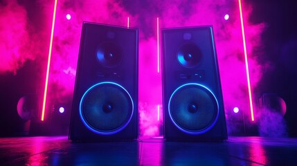 Two large speakers on the stage, neon lights, colorful background