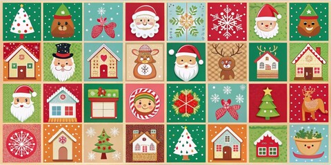 Wall Mural - Christmas themed squares featuring different holiday motifs such as Santa Claus, reindeer, snowflakes