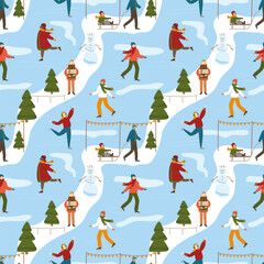 Winter town outdoor activities vector seamless pattern. Happy people figure skating on ice rink, father pulling sled with smiling kid, young female holding gift boxes. Christmas holiday background 