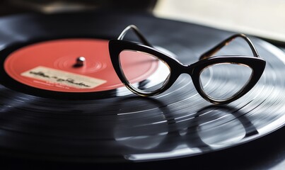 Black cat-eye glasses on a vinyl record.