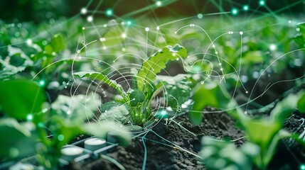 Wall Mural - close-up of a lush green field of plants with a digital overlay representing the connectedness and d
