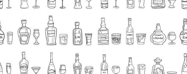 Seamless pattern of alcoholic bottles, glasses and lettering. Alcohol cocktails. Champagne, beer, martini, wine, rum, tequila, cognac, and other. Great for bar menu, banner. Vector EPS10. Doodle style