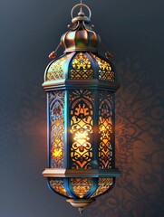 Wall Mural - Arabic Invitation. 3D Illustration of Oriental Lanterns with Golden Ornaments, Islamic Mosque, and Ramadan Kareem Decoration