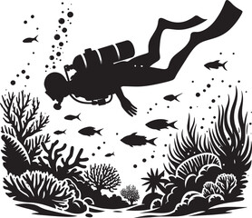 Underwater Scuba Diving silhouette vector illustration isolated on a white background