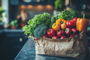 a vibrant assortment of freshly picked groceries and vegetables spilling out of a rustic paper bag on a clean kitchen countertop emphasizing healthy living