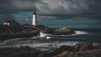 A photo of a lighthouse standing tall and proud amidst a dark, stormy backdrop.