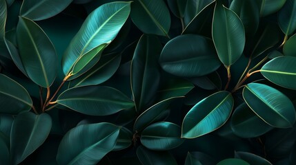 Poster - lush green leaves with rich textures and vibrant colors in a close-up view against a dark background