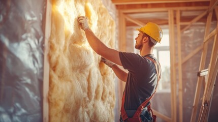 construction worker wearing a hard hat and gloves carefully installing fiberglass insulation in a wooden wall frame, preparing a new home for energy efficiency.