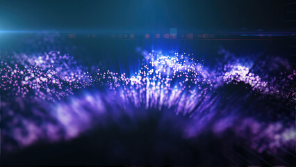 Poster - A mesmerizing display of purple glowing particle waves, representing abstract energy flows against a dark background