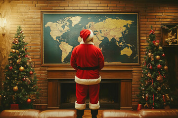 Santa claus standing decision and watching world map on board.