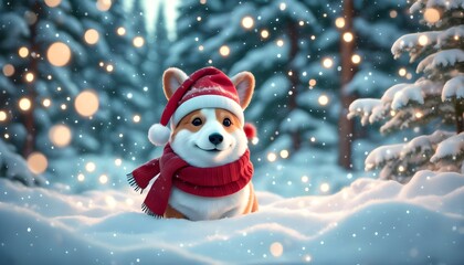 Wall Mural - Corgi in Santa Hat Celebrates Christmas Amidst a Winter Snow Forest