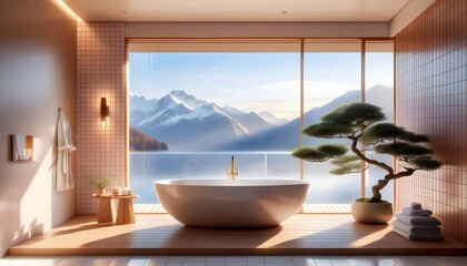 Wall Mural - Serene modern spa bathroom featuring breathtaking lake and mountain vistas