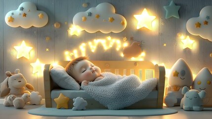 adorable cartoon infant peacefully napping in a cozy, fluffy crib surrounded by soft colors and gent