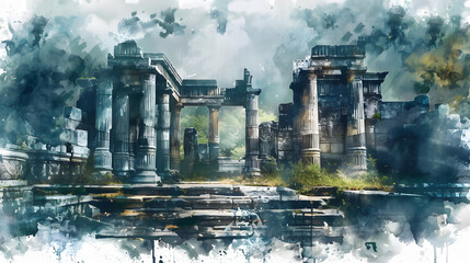 Ancient Ruins building fantasy Watercolor