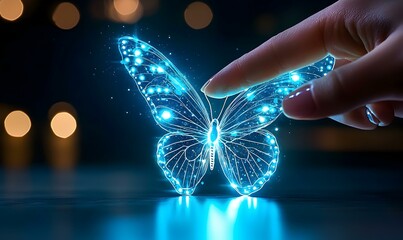Poster - Digital Butterfly Touch: Technology Meets Human Connectio, a hand reaching out to interact with a vibrant, glowing digital interface, symbolizing the fusion of humanity and technology