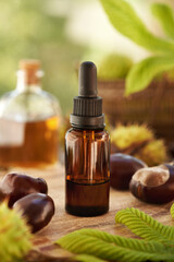 Poster - Tincture made of fresh horse chestnut fruit in a brown dropper bottle on a table outdoors