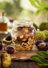 Wall Mural - Preparation of homemade herbal tincture from horse chestnuts in a jar