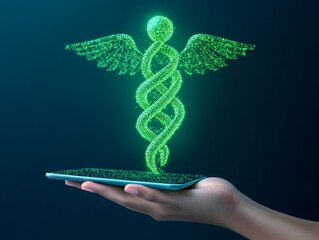 Caduceus medical icon emerging from a digital tablet. Digital Healthcare and Medical Solution,Virtual Health Services and Consultation, Smart Medical Records and Data Management.