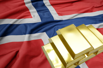 Wall Mural - shining golden bullions on the norway flag background.