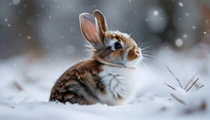 Wall Mural - Fluffy Bunny Rabbit in Fresh Snow with Innocent Eyes