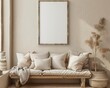 © Emma - Blank canvas on beige wall, wooden accents and soft pillows, modern art frame, neutral tone decor