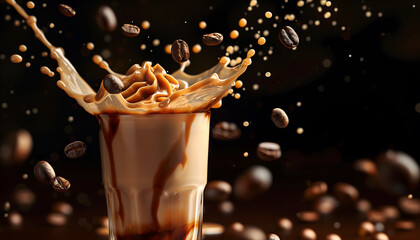 Wall Mural - Creative food template. Close up Topping of roasted coffee bean glass of milk milkshake yoghurt smoothie with liquid droplet splash splashing swirl on dark background. copy text space	
