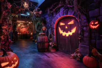 Wall Mural - A spooky Halloween scene featuring a stone door with a carved jack-o'-lantern face, surrounded by pumpkins and eerie decorations.