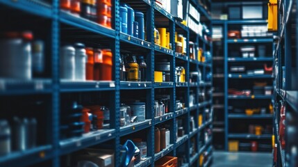 An interior view of a warehouse with rows of blue metal shelves stocked with various supplies