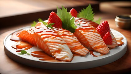 Elegant display of fragrant sushi and salmon sashimi on a white background with warm lighting for promotional presentation